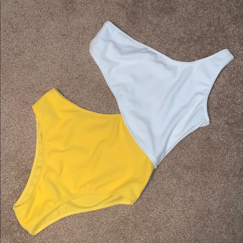 white and yellow cut out swimsuit